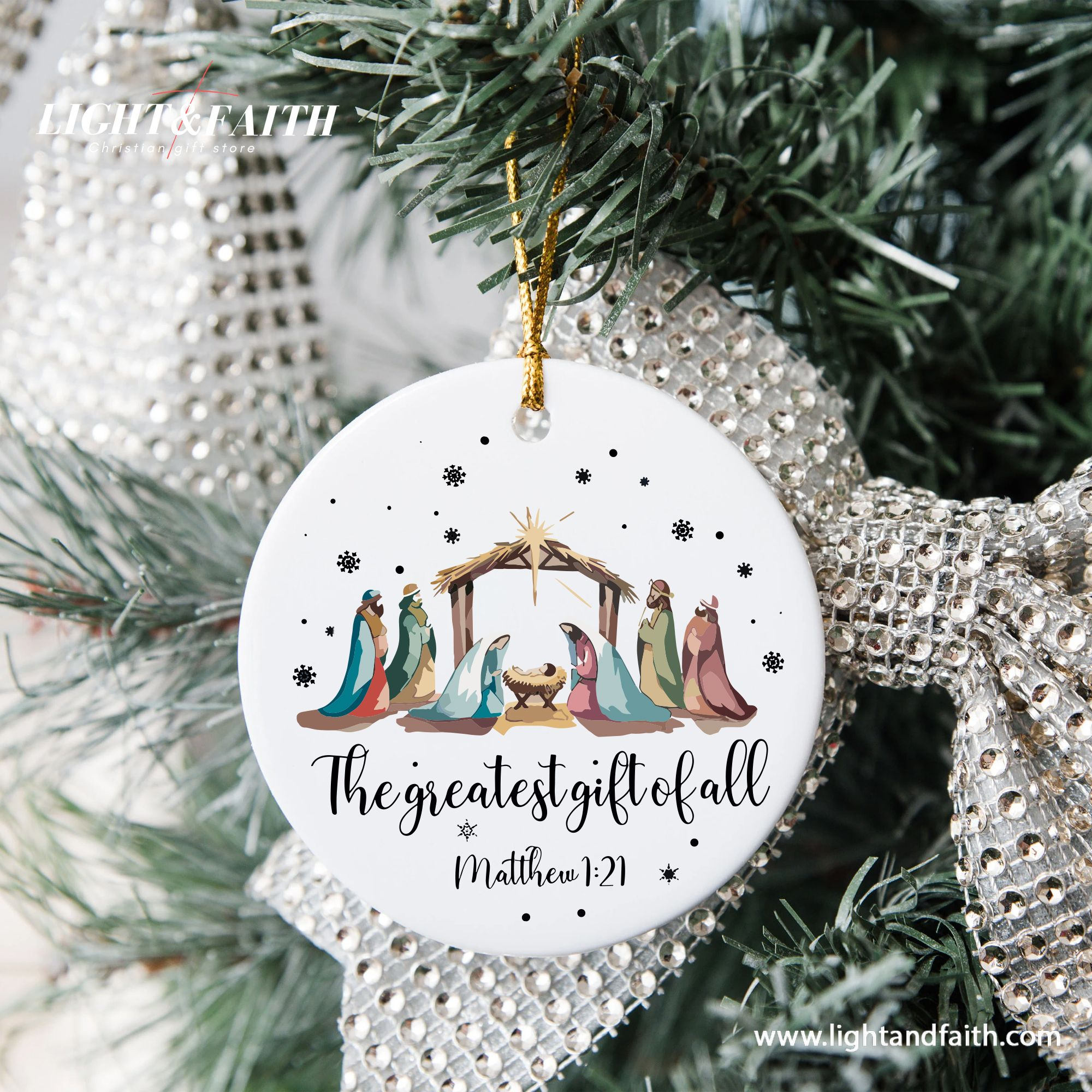 Nativity Scene Christmas Ornament, Greatest Gift of All Matthew 1:21, Christian Holiday Decoration, Religious Xmas Tree Decor DCLAF31